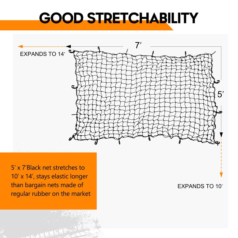 BUNKER INDUST 7' x 5' Heavy Duty Bungee Cord Cargo Net Stretches to 14' x 10'-Latex Truck Bed Mesh with 12Pcs Free Adjustable Hooks for Secure Carrying on Roof Luggage Rack,Cargo Carrier and Pickup Truck Bed - Image 2